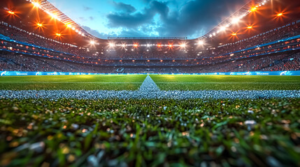 Wall Mural - Football stadium at night with fans and cheering crowd. 3D rendering