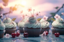 Delicious Sweet Cupcake With Cherry Berry On Fantasy Sky Background For Birthday Celebration Concept