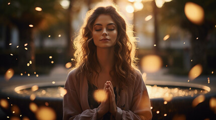 Young girl praying outdoor, bokeh lights in background, evening