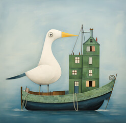 Seagull on the boat poster, wall art decoration