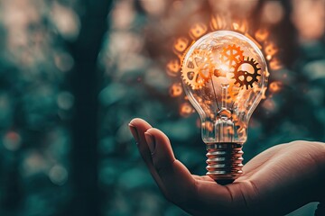 A close-up of a person hand holding a lightbulb, with visible gears and mechanisms inside Hand holding light bulb and business digital marketing innovation technology