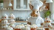Easter bunny in the kitchen. The Easter bunny in a white chef's hat and a white apron stands at the kitchen table with Easter cakes. Easter bunny hosts a cooking show