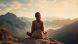 Woman meditate on a mountain top, relax clam background