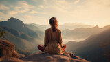 Fototapeta  - Woman meditate on a mountain top, relax clam background