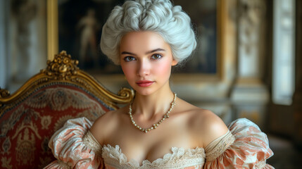 Wall Mural - Portrait of a eighteenth century French noble woman in an ancient building hall (AI generated).