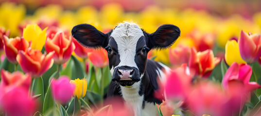 Wall Mural - banner of little cow on the multicoloured tulips