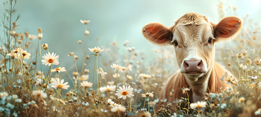 banner of little cow on the spring flower background