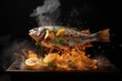Whole sea bass or dorado fish on the grill, fire, smoke. Fish cooking concept. Generative AI.