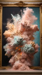 Wall Mural - Exploding powder in pastel colors in an old museum ambience. Abstract history of art concept. Fashion and design idea. Copy space.