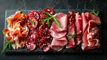 Aerial view of a gourmet meat platter featuring slices of prosciutto, salami, and coppa, creating an appetizing charcuterie display. [Gourmet meat platter charcuterie fresh, raw, b