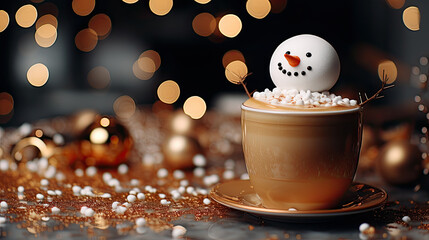 Wall Mural - Cup of coffee or hot chocolate with melted marshmallow snowman. Winter cozy hot drink with milk foam snowman. Holiday background with copy space. Christmas and New Year time.