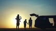 © maxximmm - family traveling by car. family watching the sunset silhouette next to the car in the park. happy family kid dream concept. people in the park. family car camping resting in nature lifestyle