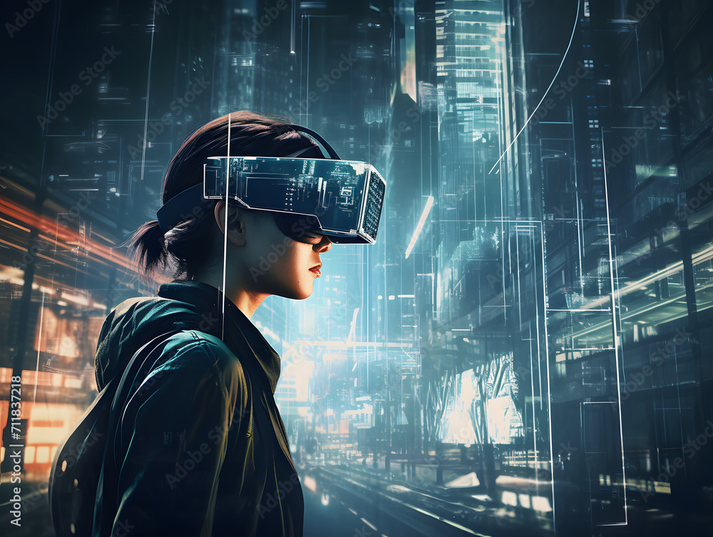 A woman immersed in a digital world, her body adorned with virtual ...