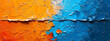 Closeup of abstract rough colorful orange and blue art painting texture with oil brushstroke on canvas.