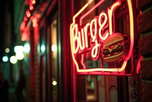 Neon Burger Sign On Restaurant Facade.