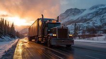 Blue Semi On Frosty Highway At Golden Hour, Showcasing Scenic Winter Transport, Durable Freight Logistics, And The Beauty Of Dawn In The Wilderness