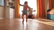 baby takes first steps close up. happy family a kid dream concept. baby son takes first steps on the floor father helps son teaches him to walk. baby first steps close-up indoors lifestyle