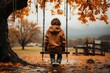 A young child stands under a bare tree, bundled up in warm clothing as they swing back and forth in the chilly autumn air at a quiet playground, lost in thoughts of the approaching winter