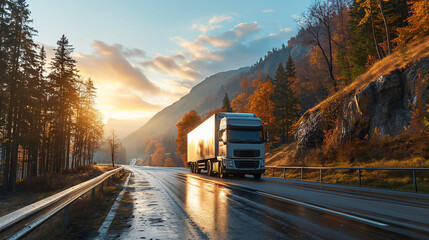 Wall Mural - Modern white truck on highway with autumn trees and mountain backdrop, commercial transport, freight logistics, sunrise, road trip, scenic drive.
