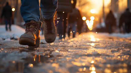 Wall Mural - people walking in the city street crowd at winter time