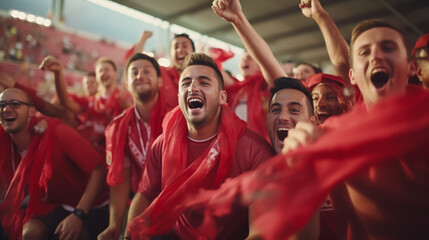 Wall Mural - group of fans dressed in red color watching a sports event in the stands of a stadium