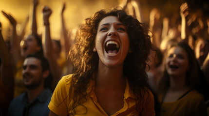 Wall Mural - group of fans dressed in yellow color watching a sports event in the stands of a stadium