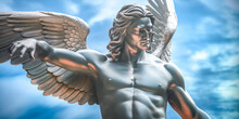 Metal Guardian Angel Statue In Light As A Symbol Of Strength, Truth And Faith.