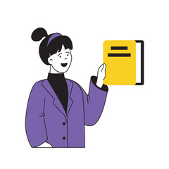 Aufkleber - Book reading concept with cartoon people in flat design for web. Woman researching dictionary and textbook, choosing novel in bookshop. Vector illustration for social media banner, marketing material.