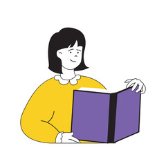 Aufkleber - Book reading concept with cartoon people in flat design for web. Woman holds open book, enjoying pastime with literature at library. Vector illustration for social media banner, marketing material.