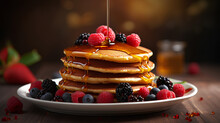 Honey Is Pouring Onto Delicious Pancakes On A Plate With Berries On Table.