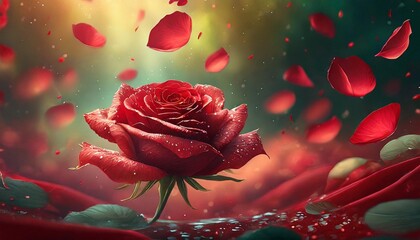 Wall Mural - flying petals and red roses on a red background with copy space creative floral levitation in ther nature layout spring blossom concept for wedding women mother 8 march valentine s day