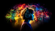 © alexkich - Cute little girl listening to music in headphones on bright background.
