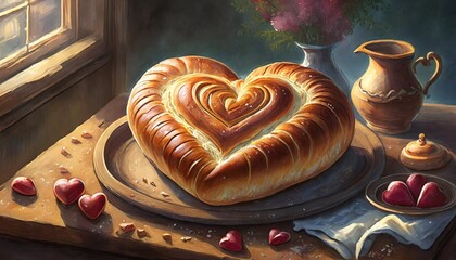 Wall Mural - heart shape bread in a bakery for valentine s day