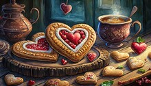 Delicious Heart Shaped Cookies For Valentine S Day On Wooden Background Generativa Ia