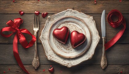 valentine s day festive table setting flat lay with two red heart shape chocolate candies on white plate fork knife and red ribbons on wooden table valentine day love dating concept copy space