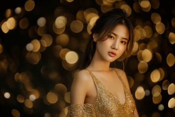 Poster - Young beautiful brunette Asian woman with evening makeup wears shiny golden dress at the party