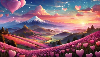 Wall Mural - hearts on a pink valentines background