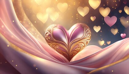 Wall Mural - beautiful golden valentine s day background with soft pastel pink silk and heart shape bokeh