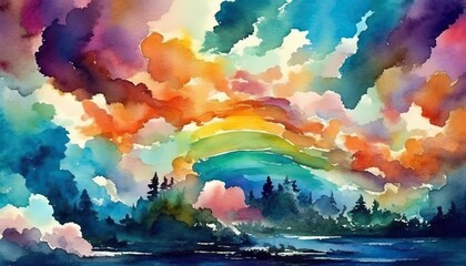 Wall Mural - watercolor color full background watercolor background with clouds rainbow color