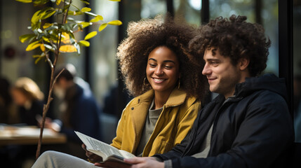 literature cafe with man and cute girl. interracial couple in library. student life in university. date or meeting