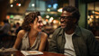 literature cafe with man and cute girl. interracial couple in library. student life in university. date or meeting