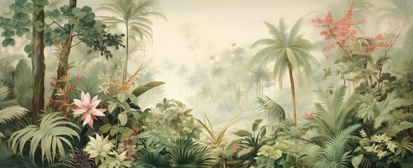 Wall Mural - Painting of a jungle landscape. Watercolor pattern wallpaper.