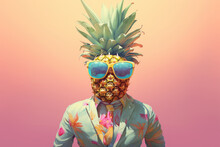 Creative Funky Portrait Of A Man With Pineapple Head And Sunglasses. Conceptual Modern Art.
