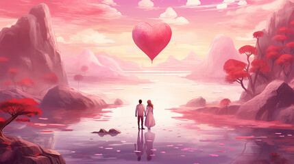 Scene of couple and heart-shape , fantasy,valentine day, romantic ,digital art, Illustration