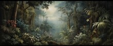 Painting Of A Jungle Landscape. Watercolor Pattern Wallpaper.
