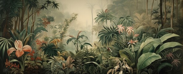 Painting of a jungle landscape. Watercolor pattern wallpaper.