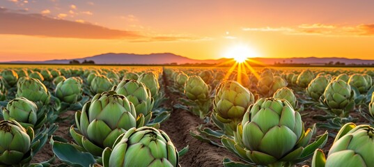 Wall Mural - Bountiful artichoke harvest on a sun drenched open plantation during a vibrant summer day.