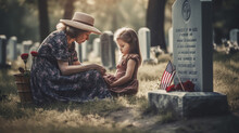 Mother With Kid In The Cemetery Near The Grave