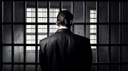 Businessman in handcuffs arrested for financial fraud, sitting in interrogation room