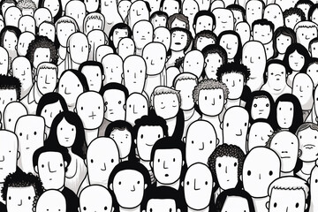 Large number of human faces. Simple cartoon style, crowds, various expressions, abstract illustrations.